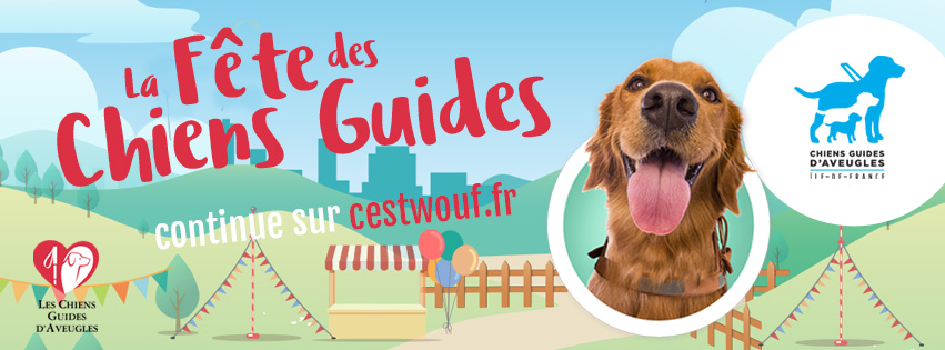 Bannière de la Fête des Chiens Guides d'Aveugles avec une tête de golden roux qui semble sourire