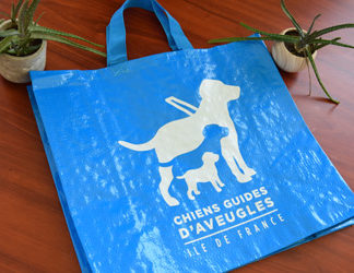 sac cabas bleu avec logo blanc